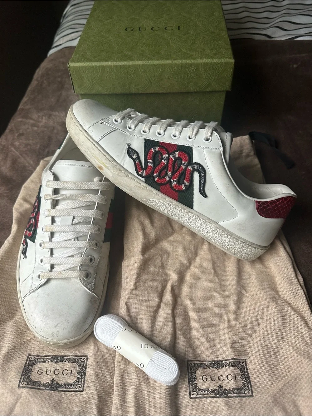 Gucci White Leather Ace Sneakers with Red Snake and Green-Red Web